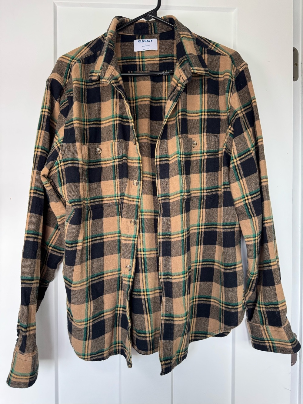 Old Navy Men's Tan, Black & Green Plaid Button-Down Shirt Size XL